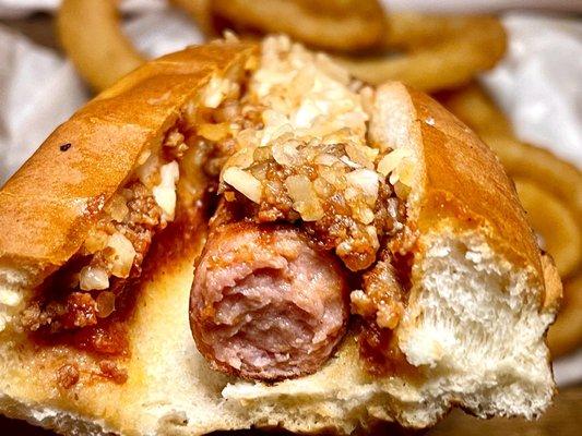 Their famous Chili dog with onions and side of onion rings