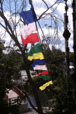 Prayer flags fly over the Spiggot Falls!