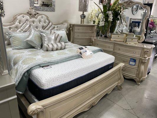 Luxury Bedroom Set includes Bedframe, Nightstand, Dresser & Mirror. $3,299