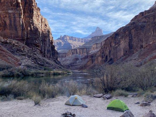 Backpacking camp at Hance Rapid with Canyon Ministries in Grand Canyon