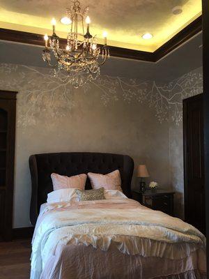 Soft metallic plaster with hand painted branches and swarovski crystals