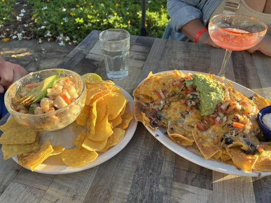 Island ceviche and pork nachos