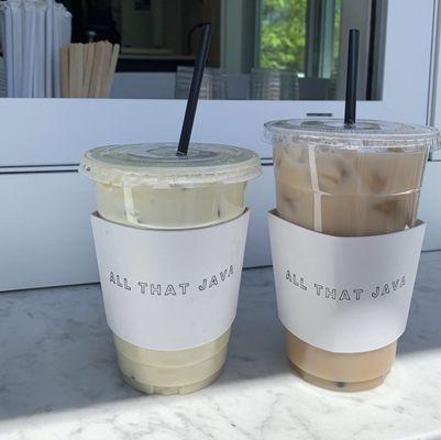 A dynamic duo: iced matcha and chai lattes.