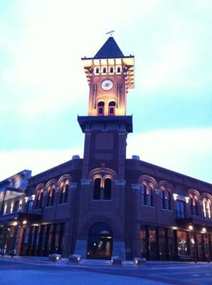 The tourism building at dusk.