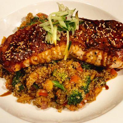 Sesame Crusted Salmon with Sweet Soy Glaze. Served over a Quinoa Stir Fry.