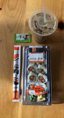 Some Vegetable Sushi with an Iced Vanilla Latte