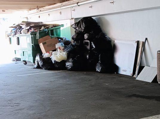 Piles of rank trash in parking garage.