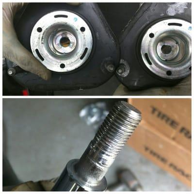 Upper left mount shows the damaged strut by them and the right shows the new mount. The bottom picture shows the shock they messed up.