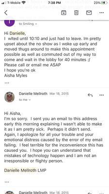 The initial email I sent to her business email and her response.