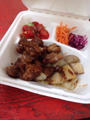 Plum sauce chicken and potato. Could have used a bigger portion of the little salad. They are good. Need more