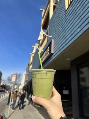 Iced matcha latte with oat milk