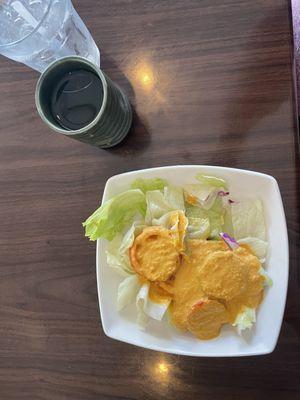 Large ginger salad and "earl gray" tea that tasted like hot  shrimp water.