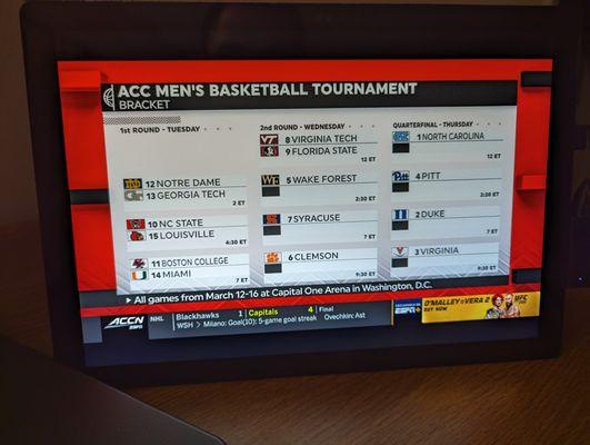 2024 ACC men's basketball tournament bracket as shown on ACC Network tonight. The Tournament begins Tuesday, March 12 in Washington DC.