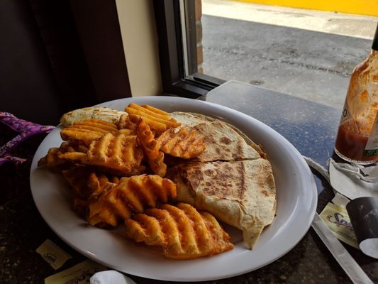 Chicken Quesadilla with waffle fries