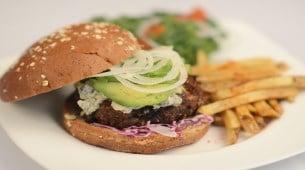 Handmade blue-cheese burger with hand cut garlic french fries