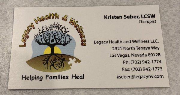 Business card for one of the Therapists.