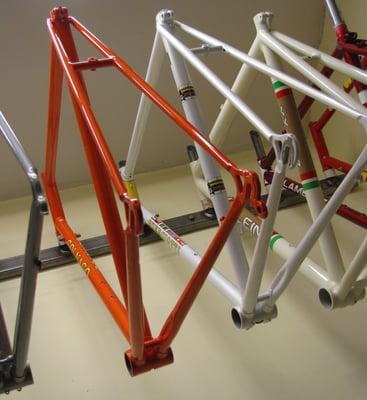 Just a sample of the gorgeous work awaiting pickup by proud owners at Joe Bell's Bike Frame Refinishers.