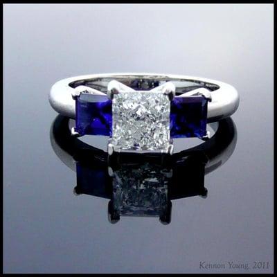 Platinum, Diamond, sapphire, three stone ring