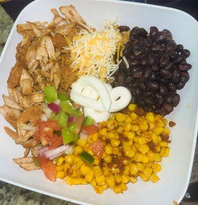 Burrito bowl - pork, salsa, cheese, black beans, corn, and rice. Delish! I highly recommend.