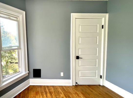 Drywall repair and repaint using Benjamin Moore Ultra Spec in eggshell & color matched to Valspar's "Twin Cities" (#9ba5a8)