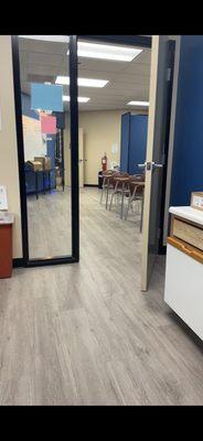 needles equipment room POV looking at classroom chairs