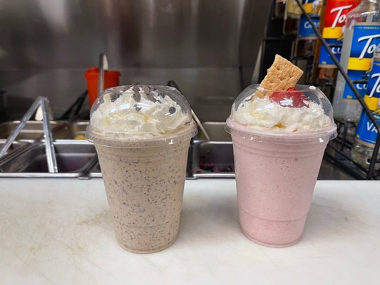 Espresso Chocolate chip smoothie and Pineapple Upside down cake smoothie. Whipped cream optional!