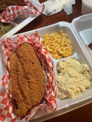 Catfish (hot) with Mac n cheese and potato salad