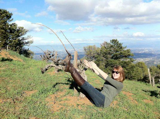 Pilates on the Vine! Teaser pose while on a winery tour at Ridge Vineyards in Cupertino, CA