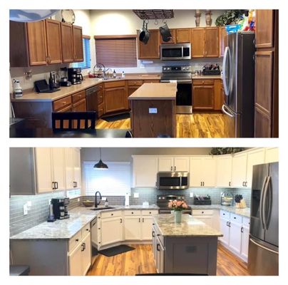 Tile backsplash, molding on cabinets and island before and after.