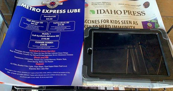 Metro Express Lube provides Menu, newspaper, and Kindle Fire.