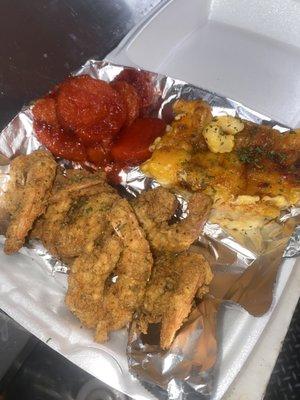 Fried Jumbo Shrimp Yams Mac N Cheese