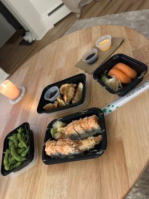 Edamame, Gyoza, Salmon, Angry Dragon Roll