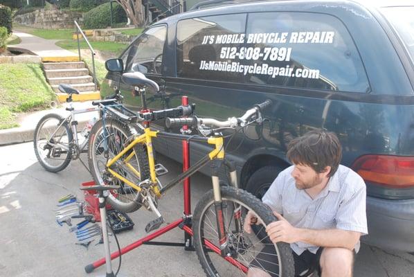 Me working on a Marin mountain bike. I work on all kinds of bikes: road, hybrid, mountain, cruisers, bmx, and even unicycles.