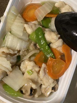 Chicken moo goo gai pan. Loved the peas and mushrooms but didn't care for the chicken.