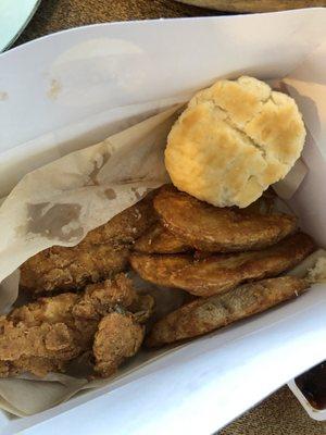 Number 2) two jumbo chicken strips, biscuit and a side(wedges)