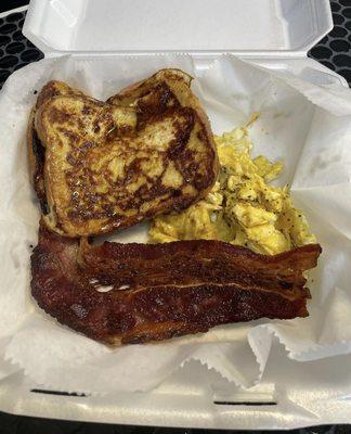 Breakfast all day!! French toast, scrambled eggs add cheese and beef bacon.