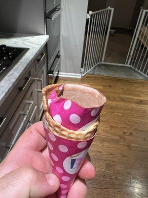 Ice cream inside of a paper wrapper from a cone holder and a cone outside.  This was total BS!