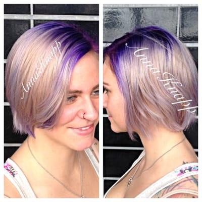 Purple shadowed root and blonde hair