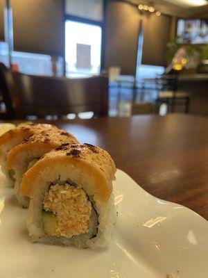 Part of the Smoked Paprika Salmon Roll: seared