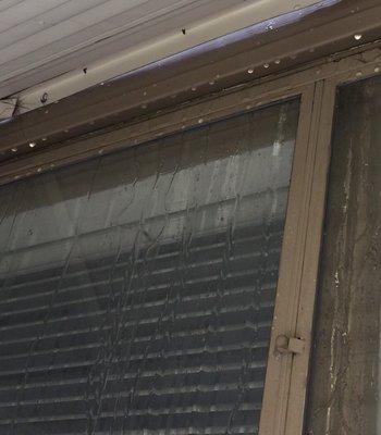 The leaking gutter that has entered in between the storm window into our home causing the baseboard to ripple and the carpeting wet.