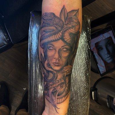 Custom Medusa Quarter sleeve. Black and grey realism.