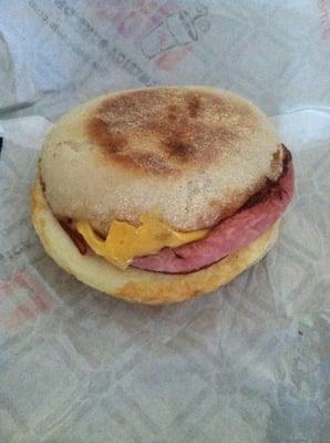 Ham, egg and cheese on English muffin