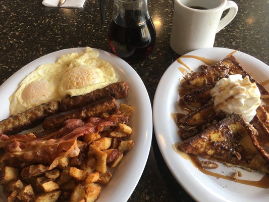 Hungry Man Special with extra sides of bacon, sausage, another egg, and praline pecan bourbon added to the French toast.