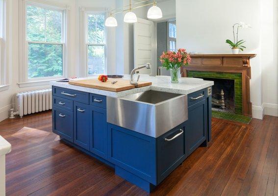 This Newton kitchen was finished in place; we sprayed Farrow and Ball paints on the cabinets with flawless results.