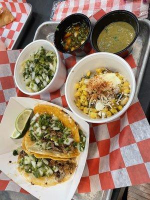 Gordito's juicy tacos - smoked adobo pork with esquites