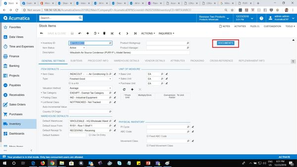 Acumatica ERP Distribution Stock Item screen