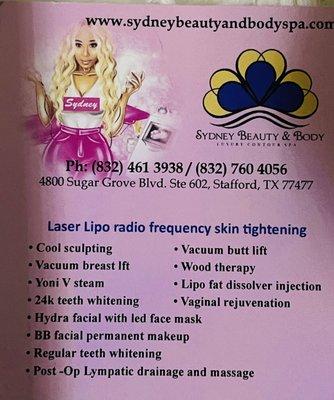 Sydney beauty and body spa is located in Stafford Texas. We specialize in post op treatment, body contouring services, non invasive.