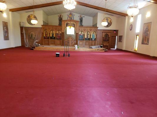 Removed all pews to replace the carpet after a water loss.