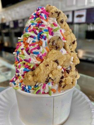 Vanilla fro-yo with rainbow sprinkles and cookie dough (and cookie dough on the bottom!)