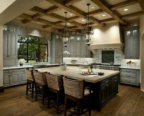 Custom kitchen design with coffered ceiling